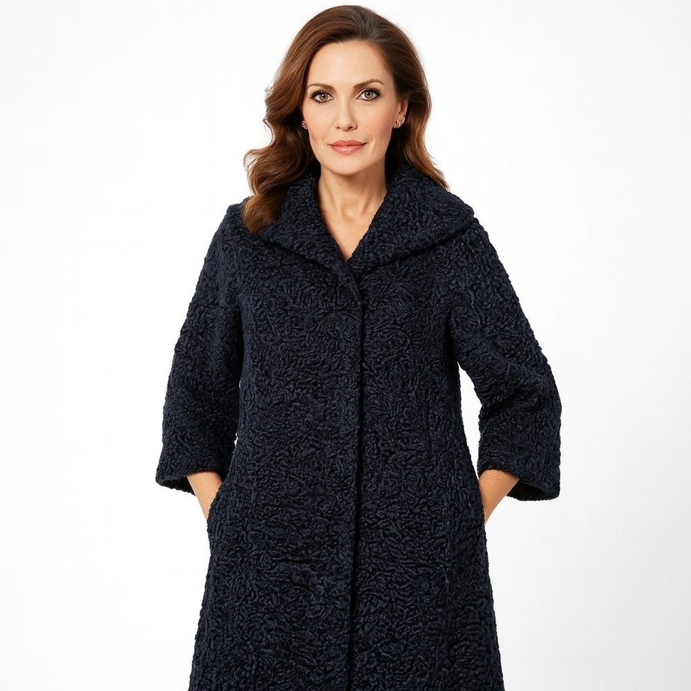 1960s Persian Lamb Fur Trench Coat Black 40” Long Vintage